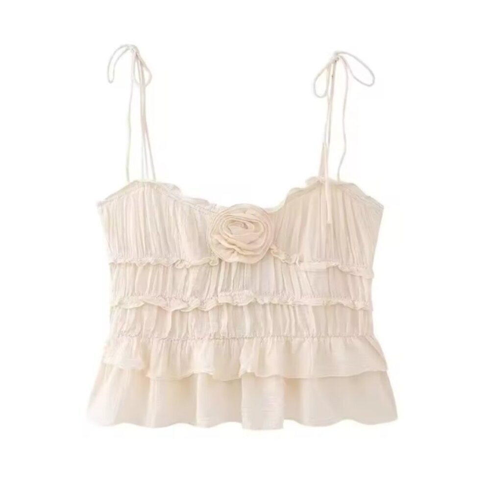 58. Cream Tank with Tie Shoulder and Flower Embellishment